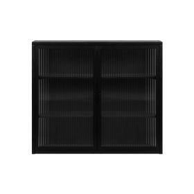 Modern Two-door Wall Cabinet With Glass Door With Three Levels Of Storage For Entrance Living Room, Bathroom, Dining Room, Black Unavailable Platforms