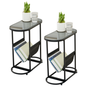 Glass Oval Small Side Tables Living Room Small Space With Magazines Organizer Storage Space Set Of 2