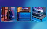Gaming Desk with LED Lights, PC Gamer Desk for Small Spaces, Computer Desk with Reversible Storage Shelves, Carbon Fiber Black
