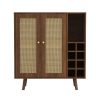 Bohemian Bar Cabinet, Natural Rattan Doors, Removable Wine Rack in Walnut